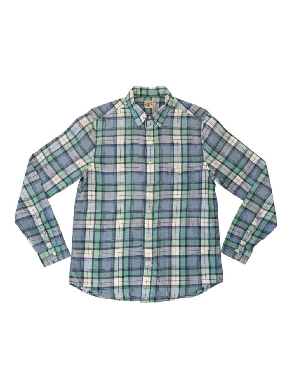 Faherty Men's Long Sleeve Plaid Button Down Shirt Blue Green Indigo Dyed Size L